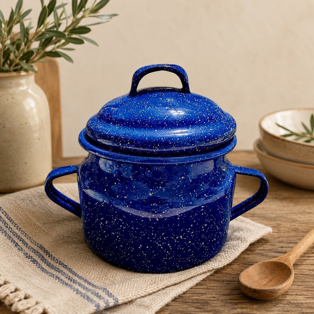 Cinsa Blue Granite Enamelware Stock Pot with Lid Saltillo Mexico Speckled 6.5in